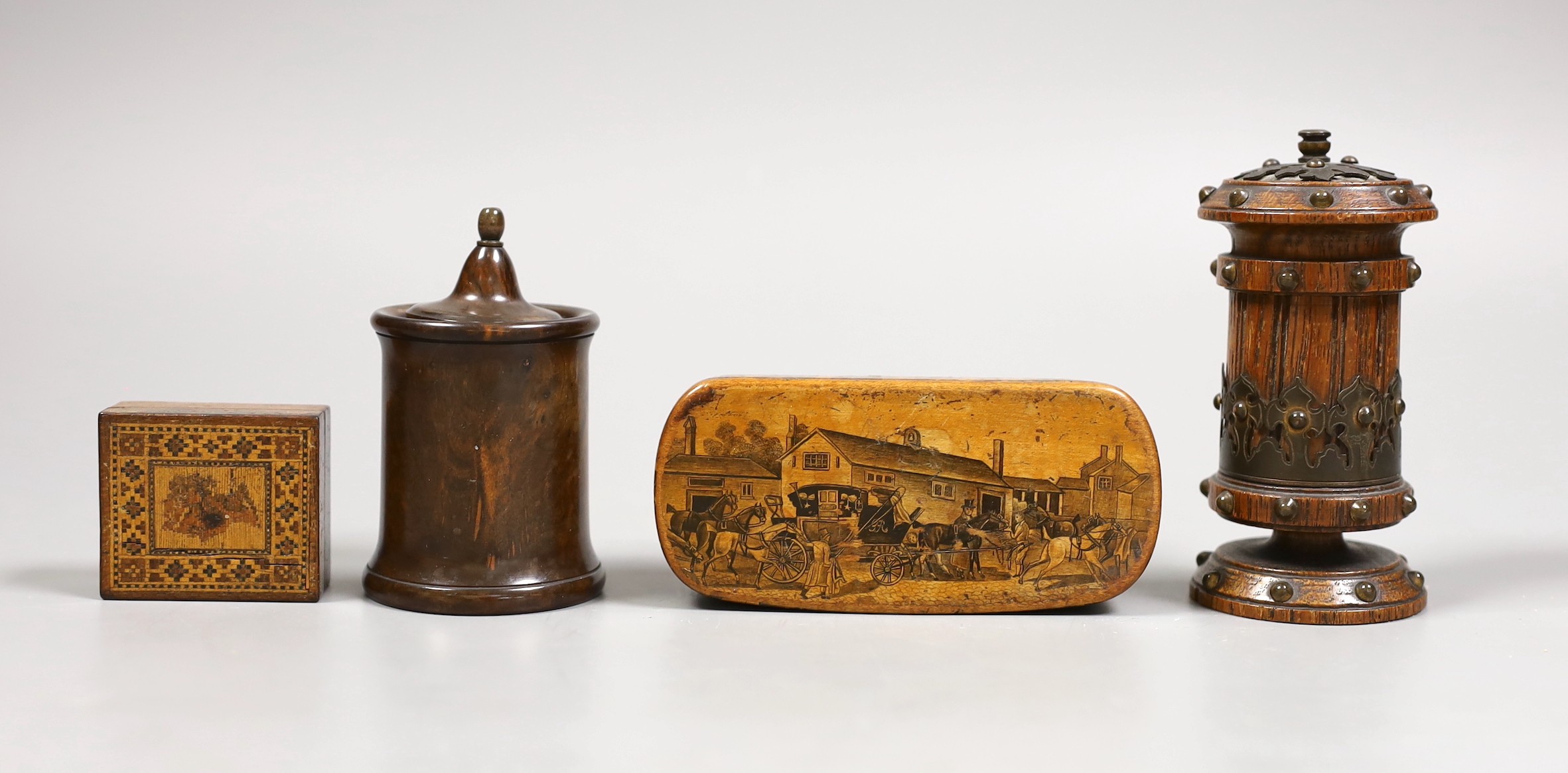 A group of treen items to include a Mauchline ware box, a Tunbridge box and two other boxes, tallest 10cm, (4)